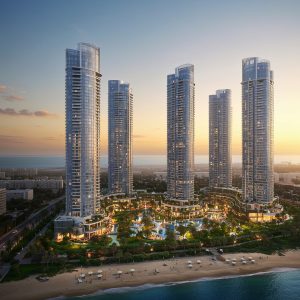 Modern glass residential towers, illustrative rendering