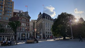 Historic buildings and a public square in downtown Ottawa