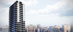 Modern high-rise residential tower against a city skyline, illustrative rendering