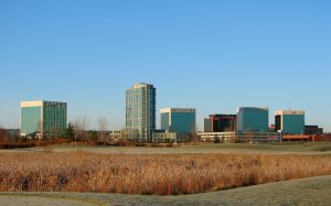 Office towers of the Kanata North tech park across a field