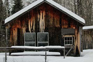 A wooden cabin in a snowy forest in late winter