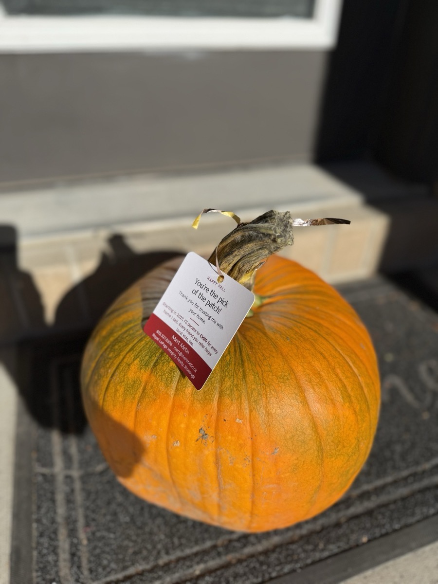 A pumpkin on a doorstep mat with a tag reading You're the pick of the patch
